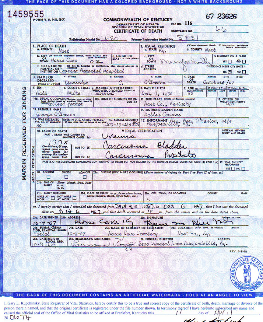 Ethriedge C O'banion Death Certificate