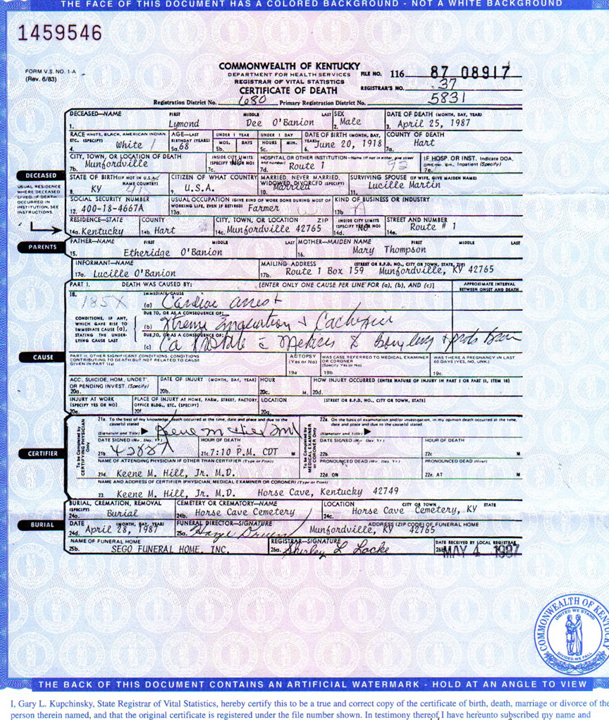 Lymond Dee O'Banion Death Certificate